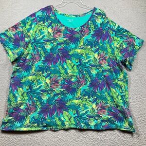 Catherines Tropical Palm Leaf Top Womens 3X Green Blue Purple Short Sleeve Knit